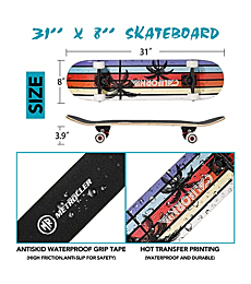 METROLLER Skateboards for Beginners,31 x 8 Complete Standard Skate Boards for Girls Boys, 7 Layer Canadian Maple Double Kick Concave Skateboard for Kids Youth Teens Adults