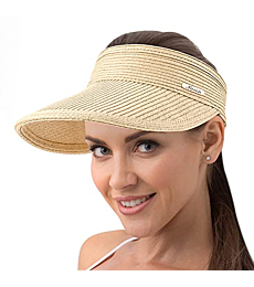 NICEEN Straw Sun Visor Hat for Women, Roll-up Foldable Wide Brim UPF 50+ Straw Beach Hat Sun Visor, Tennis Golf Hat (Beige)