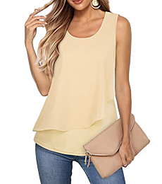 Messic Blouse for Women Dressy Casual, Casual Round Neck Sleeveless Tops Layering Tanks Chiffon Office Shirts Juniors Summer Camisoles Lightweight Overlay Top Summer Chiffon Office Tunic Beige Medium