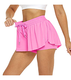 BONOTIE Flowy Shorts for Women with Socks 2 Pairs, 2-in-1 Womens Athletic Shorts, Womens Running Shorts, Tennis Shorts Rose Red
