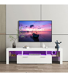 Clikuutory Modern LED TV Stand with Large Storage Drawer for 40 50 55 60 65 70 75 Inch TVs, White Wood TV Console with High Glossy Entertainment Center for Gaming, Living Room, Bedroom