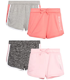 Body Glove Girls’ Active Shorts - 4 Pack Cozy Fleece Athletic Gym Dolphin Shorts (Size: 7-12), Size 10, Pink/Charcoal/Coral/Grey