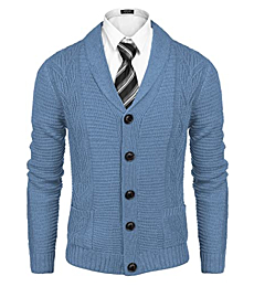 COOFANDY Men's Shawl Collar Sweater Casual Slim Fit Knitted Button Down Cardigans Sweater for Men Grey Blue