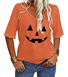 Danedvi Women Halloween T-Shirt V-Neck Half Sleeves Pumpkin Face Print Tunic Tops