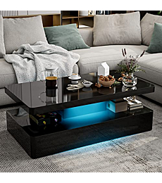 IKIFLY Modern High Glossy Black Coffee Table with 16 Colors LED Lights, Contemporary Rectangle Design Living Room Furniture, 2 Tiers
