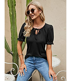 V Neck Shirts Puff Short Sleeve Blouses for Women Loose Fitting Top Casual Puffy Sleeve Drawstring T-Shirt Black L