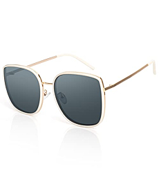 YAPZOR Polarized Sunglasses UV Protection for Women Trendy Square Flat Lens Metal Frame (White)