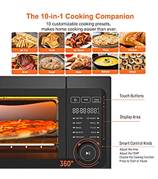 Air Fryer Toaster Oven Combo - Fabuletta 10-in-1 Countertop Convection Oven 1800W, Flip Up & Away Capability for Storage Space, Oil-Less Air Fryer Oven Fit 12" Pizza, 9 Slices Toast, 5 Accessories