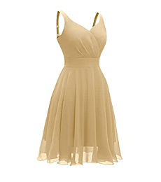 Dressever Summer Cocktail Dress V-Neck Adjustable Spaghetti Strap Chiffon Sundress with Pockets Champagne S