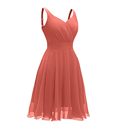 Dressever Summer Cocktail Dress V-Neck Adjustable Spaghetti Strap Chiffon Sundress with Pockets Coral S