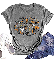 Halloween Pumpkin Shirt Women Leopard Graphic Tees Short Sleeve Fall T-Shirt Thanksgiving Gift Tops