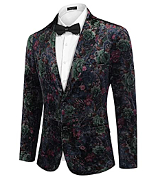 COOFANDY Men Velvet Floral Blazer Suit Jacket Classic Slim Fit Blazers Wedding Stylish Tuxedo（PAT1, Large）