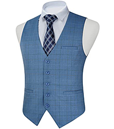 FAIMO Blue Suit Vest for Men Formal, Mens Vest Dress, Plaid Waistcoat for men, Tuxedo Vest for Party Wedding Business(XS-4XL)