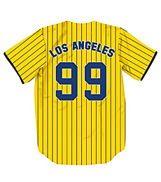 Los Angeles 99 Stripes Printed Baseball Jersey LA Baseball Team Short Sleeve Button Down Hip Hop Tee Shirts for Young Men Women T048-Yellow-L