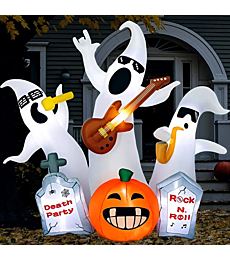 7Ft Halloween Inflatables Decorations Outdoor, Tombstone Ghost Pumpkin Rocking Band, Blow Up Clearance Yard Decor Guitar Singing Band with LED Light