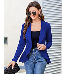 KOJOOIN Womens Casual Blazer Long Sleeve Open Front Ruffle Work Office Cardigan Suit Jacket Long Sleeve-Royal Blue L