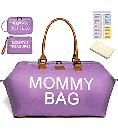 Mommy Hospital Bag with Checklist, Baby Diaper Tote Bag Organizer with Changing Pad, Mom Bag for Labor and Delivery Baby Necessities Bag Weekend Traveling Bag, Gifts for Maternity Mom（Purple）