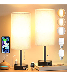 Lamps for Bedrooms Set of 2 with 3 Color Modes - Nightstand Lamp with USB C+A Charging Ports, 2700K-5000K Bedside Lamps with USB Port and Outlet, Small Table Lamp Sets for Living Room Guest Room
