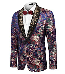 COOFANDY Men's Floral Dress Suit Luxury Embroidered Wedding Blazer Dinner Tuxedo Jacket for Party Blue