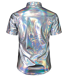 JOGAL Men's 70s Disco Shiny Metallic Gold Silver Short Sleeve Button Down Shirts SilverShimmer Large