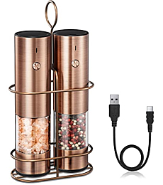 Rechargeable Electric Salt and Pepper Grinder Set with Stand - Nicely Packaged Giftable - No Battery Needed - Automatic Pepper Mill & Adjustable Coarseness & LED Light Refillable - Copper Color