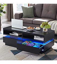 LED Coffee Table with Storage, Modern Center Table with Open Display Shelf & Double Sliding Drawers, Accent Furniture with LED Lights for Living Room, Easy Assembly, Solid Black
