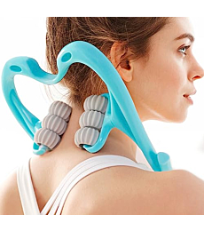 Woman using 6-ball neck massager for pain relief