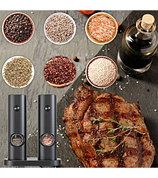 KIEKRO Electric Salt and Pepper Grinder with Storage Base, Requires 4 AAA Batteries, One Hand Operation, White Light, Adjustable Roughness, Automatic Electronic Spice Grinder(Black)