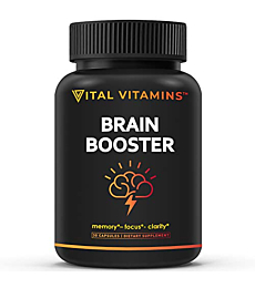 VITAL VITAMINS Brain Supplement Nootropics Booster - Enhance Focus & Mind, Boost Concentration, Improve Memory & Clarity for Men Women, Ginkgo Biloba,Dmae,Iq Neuro Energy, Vitamin B12 Bacopa Monnieri