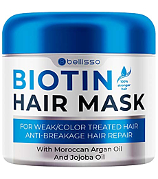 BELLISSO Biotin Hair Mask ​with​ Argan Oil ​for​ Dry Damaged Hair - Deep Conditioner Treatment - Split End Moisturizer, Hydrating Conditioning Product