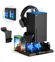 Upgraded Vertical Cooling Stand for Xbox Series X with Controller Charger Station Dock, Dual Suction Cooler Fan System Stand Accessories with 8 Game Storage Organizer, Headset Hanger for Xbox Series X