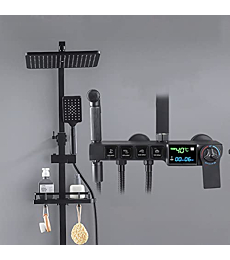 Jings Shower System Black, Thermostatic Digital Display Shower Faucet Set, Bath Shower Mixer Tap, Rainfall Shower Head, Hand Shower, Bidet Sprayer, Tub Spout