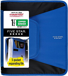 Five Star Zipper Binder, 1-1/2 Inch 3-Ring Binder with 3-Pocket Expanding File, 500 Sheet Capacity, Blue (72202)