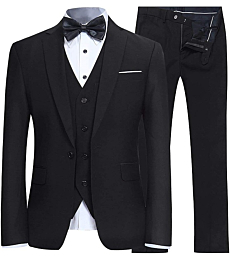 YFFUSHI Men's Slim Fit 3 Piece Suit One Button Business Wedding Prom Suits Blazer Tux Vest & Trousers Black