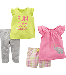 Simple Joys by Carter's Baby Girls' 4-Piece Playwear Set, Pink/Lime Green, Elephant/Plaid, 12 Months