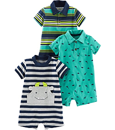 Simple Joys by Carter's Baby Boys' Rompers, Pack of 3, Grey/Navy/Blue, Stripe/Dinosaur, 0-3 Months