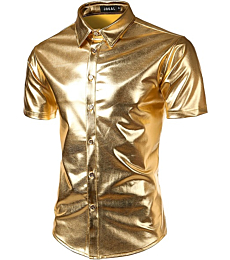 JOGAL Men's 70s Disco Shiny Metallic Gold Silver Short Sleeve Button Down Shirts Large Gold