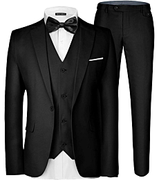 MAGE MALE Men's 3 Pieces Suit Elegant Solid One Button Slim Fit Single Breasted Party Blazer Vest Pants Set. Black
