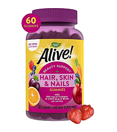 Nature’s Way Alive! Hair, Skin & Nails Gummies, Collagen & Biotin, Antioxidant Vitamins C & E, Strawberry Flavored, 60 Gummies