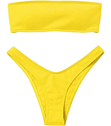 ZAFUL Women Strapless Ribbed High Cut Bandeau Bikini Set(Yellow M)