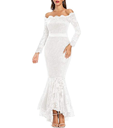 LALAGEN Women's Floral Lace Long Sleeve Off Shoulder Wedding Mermaid Dress White XL