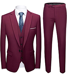 MYS Men's Blazer Vest Pants Set, Solid Party Wedding Dress, One Button Jacket Waistcoat and Trousers, 3 Piece Slim Fit Suit with Tie Burgundy
