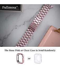 Fullmosa Compatible Apple Watch Band 42mm 44mm 45mm 38mm 40mm 41mm, Stainless Steel iWatch Band with Case for Apple Watch Series 7/6/5/4/3/2/1/SE, 42mm 44mm 45mm Rose Pink