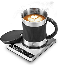 COSORI Coffee Mug Warmer & Mug Set, Beverage Cup Warmer for Desk Home Office Use, Coffee gifts, Electric 24 Watt, Touch Tech & LCD Digital Display, 304 Stainless Steel, 17 oz, Mug lid