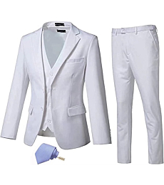 High-End Suits 3 Pieces Men Suit Set Slim Fit Groomsmen/Prom Suit for Men Two Buttons Business Casual Suit, White, Chest40''/Waist34'', Medium