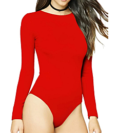 MANGDIUP Women's Round Collar Long Sleeve Elastic Bodysuit Jumpsuit (Red, XXL)