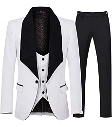 YFFUSHI Men's 3 Piece Suit Slim Fit Jacquard Tuxedo One Button Shawl Collar Jacket Vest & Trousers White