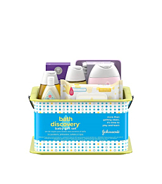 Johnson's Bath Discovery Gift Set for Parents-to-Be, Caddy with Baby Bath Time & Skin Care Essentials, Bath Kit Includes Baby Body Wash, Shampoo, Wipes, Lotion & Diaper Rash Cream, 7 Items