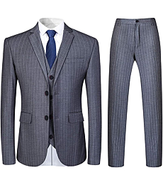 Mens 3 Piece Suit Formal Pinstripe Slim Fit Notched Lapel Dress Blazer Vest Trousers Set Grey