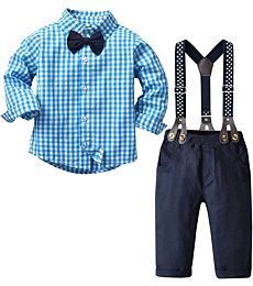 Baby Boy's 2 Pieces Tuxedo Outfit, Long Sleeves Plaids Button Down Dress Shirt with Bow Tie + Suspender Pants Set for Infant Newborn Toddlers, Blue, Tag 60 = 3 - 9 Months
